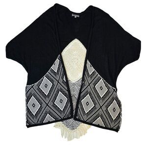 Umgee Plus Black Cream Crochet and Fringe Geometric Open Front Cardigan Size 1XL